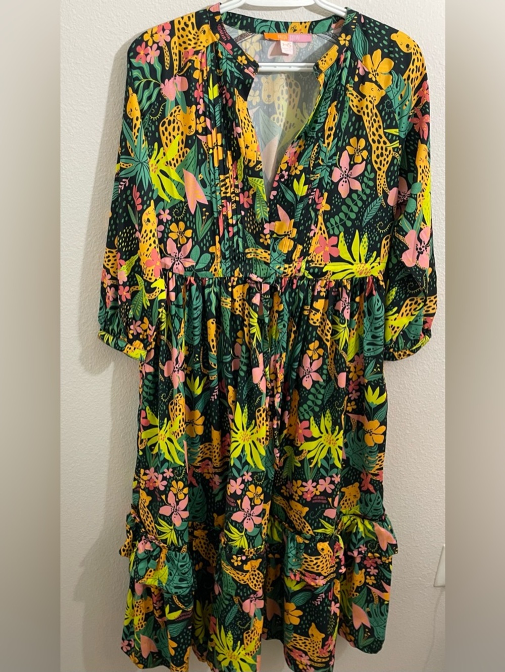 Briton Court XS Floral Leopard Print Dress Colorful Tiered Boho Midi